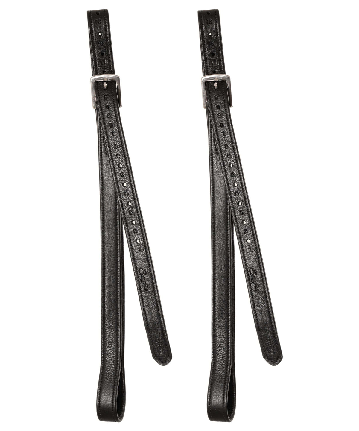 Pair of black stirrup leathers hanging full length on white, showing the buckles and punched holes