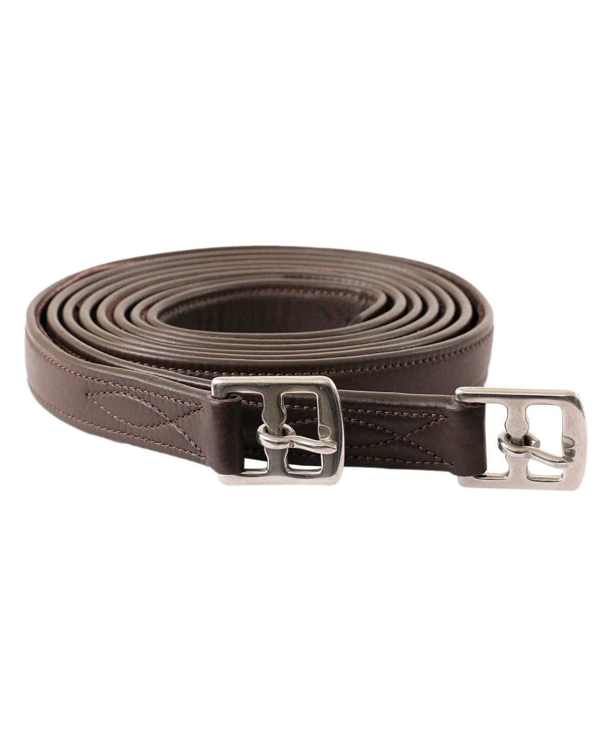 Pair of dark brown stirrup leathers coiled on white, with metal buckles and decorative stitching