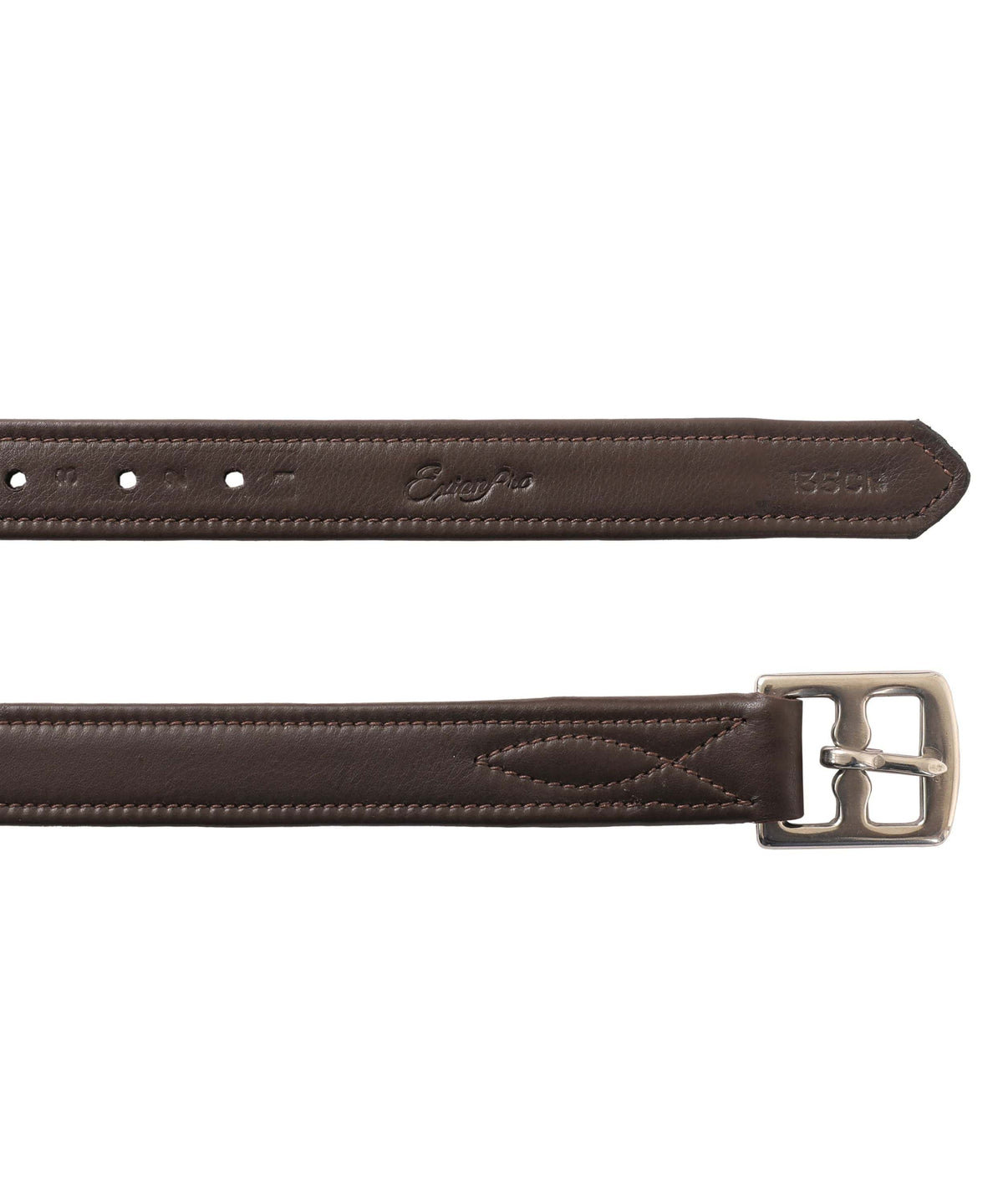 Close-up of a dark brown stirrup leather tip with punched holes and the buckle end with stitching