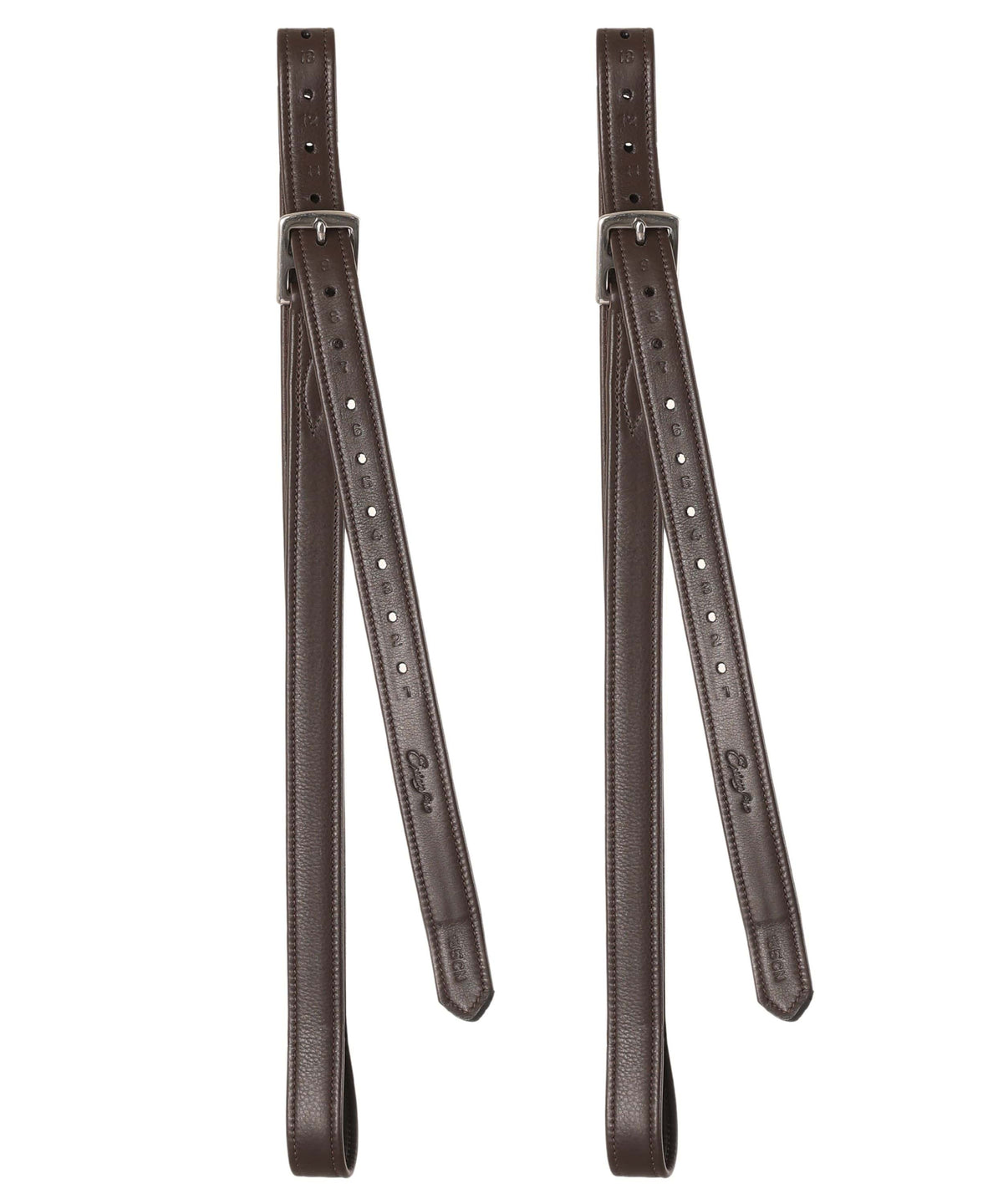 Pair of dark brown stirrup leathers hanging full length on white, showing the buckles and holes
