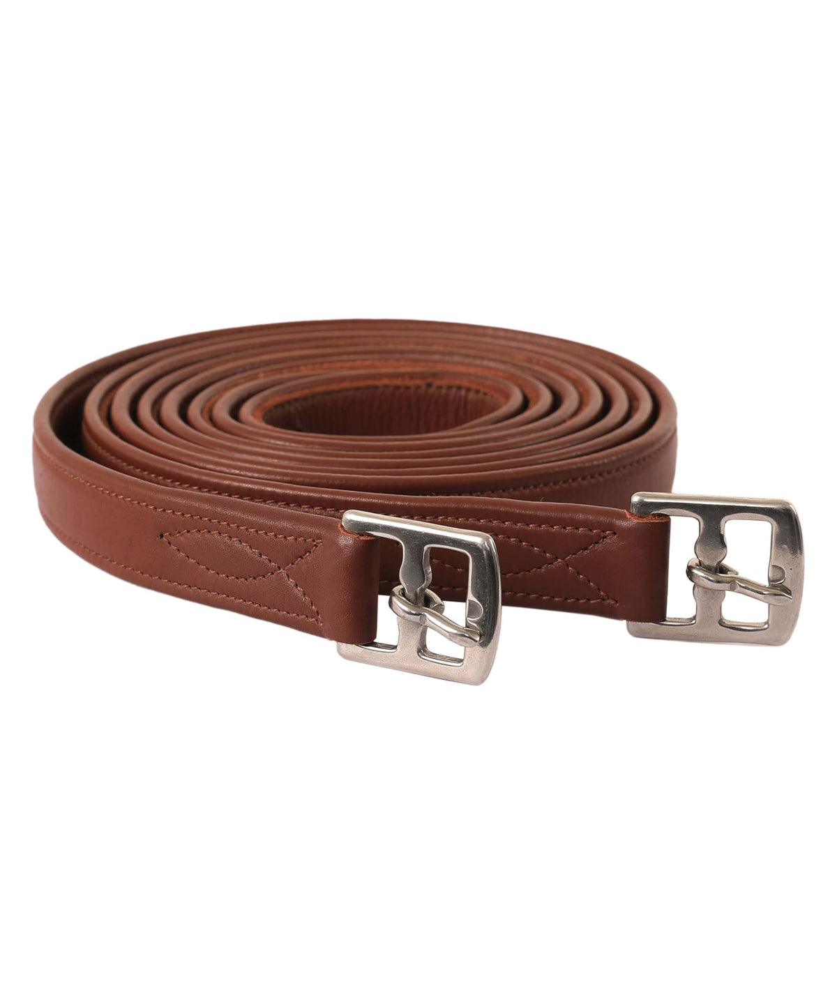 Pair of reddish brown stirrup leathers coiled on white, with metal buckles and decorative stitching