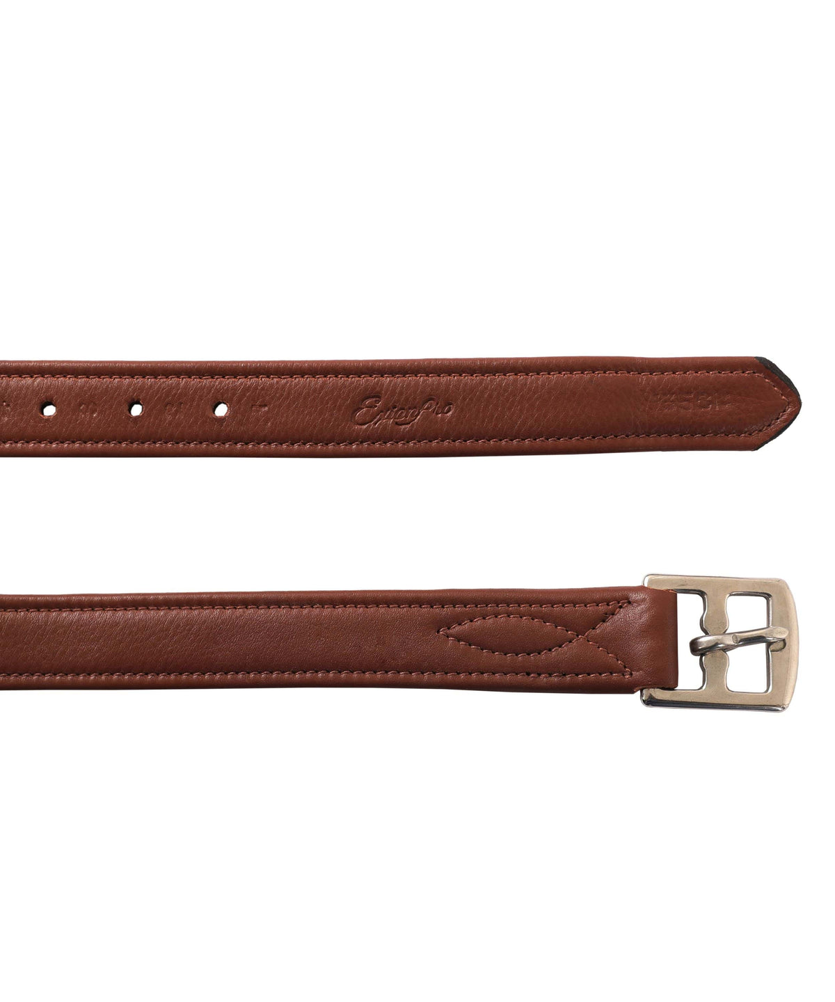 Close-up of a reddish brown stirrup leather tip with punched holes and the stitched buckle end