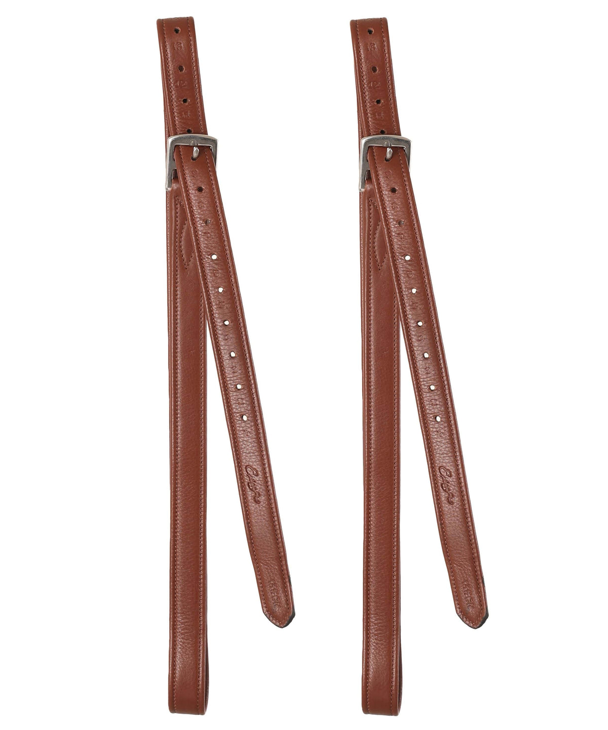 Pair of reddish brown stirrup leathers hanging full length on white, showing the buckles and holes