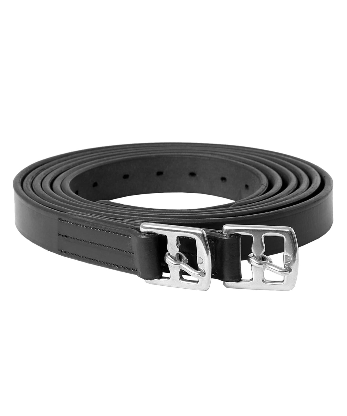Pair of black stirrup leathers coiled with silver buckles, on white
