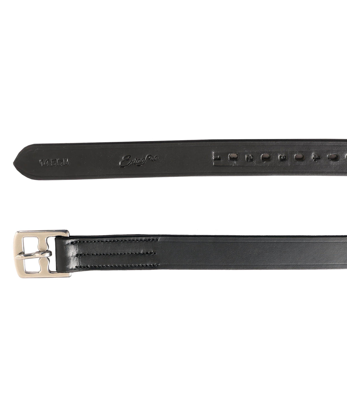 Close-up of the black strap tip with embossed lettering and the stitched buckle end