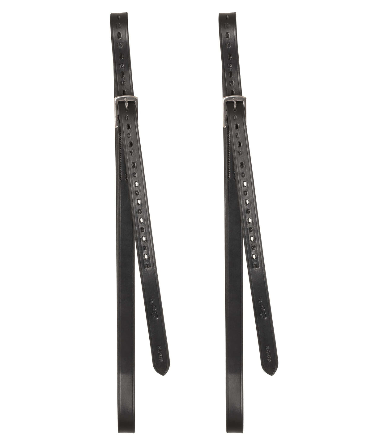 Pair of black stirrup leathers hanging full length with punched holes and buckles
