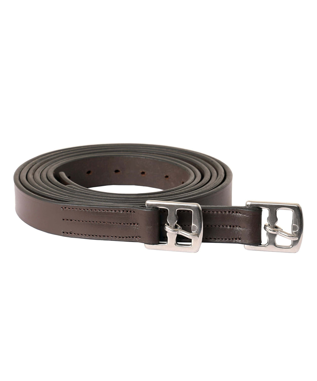 Pair of dark brown stirrup leathers coiled with silver buckles, on white