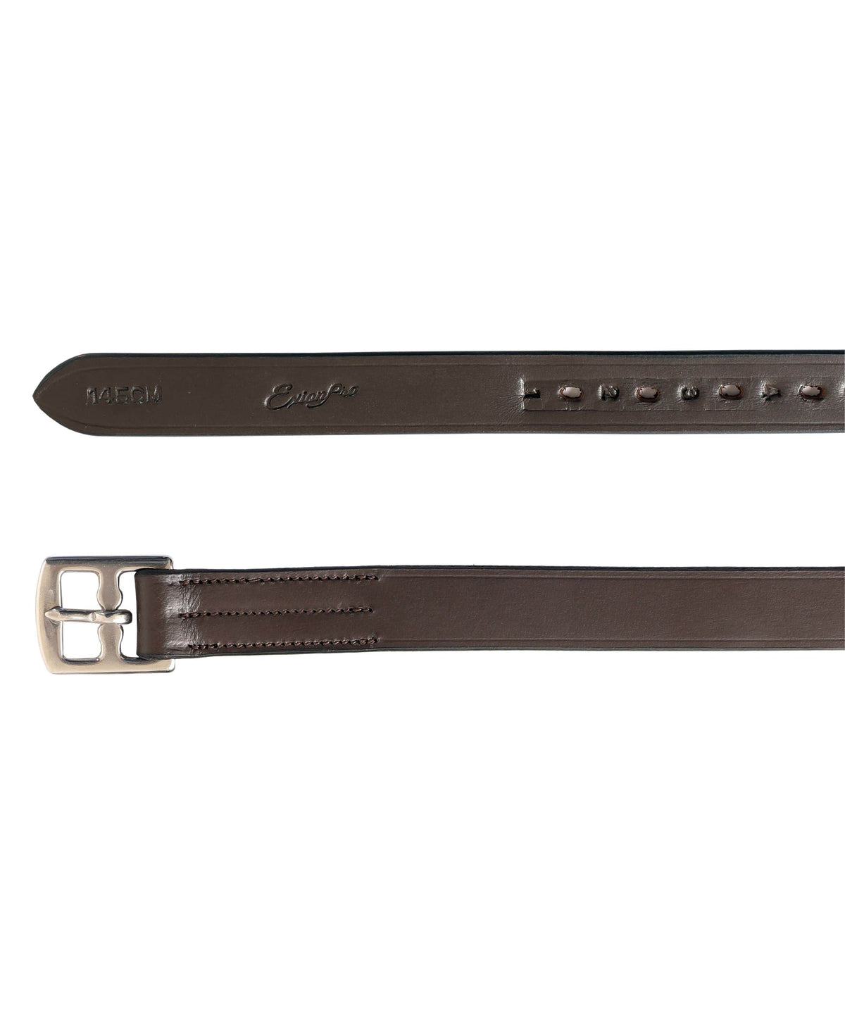 Close-up of the dark brown strap tip with embossed lettering and the stitched buckle end