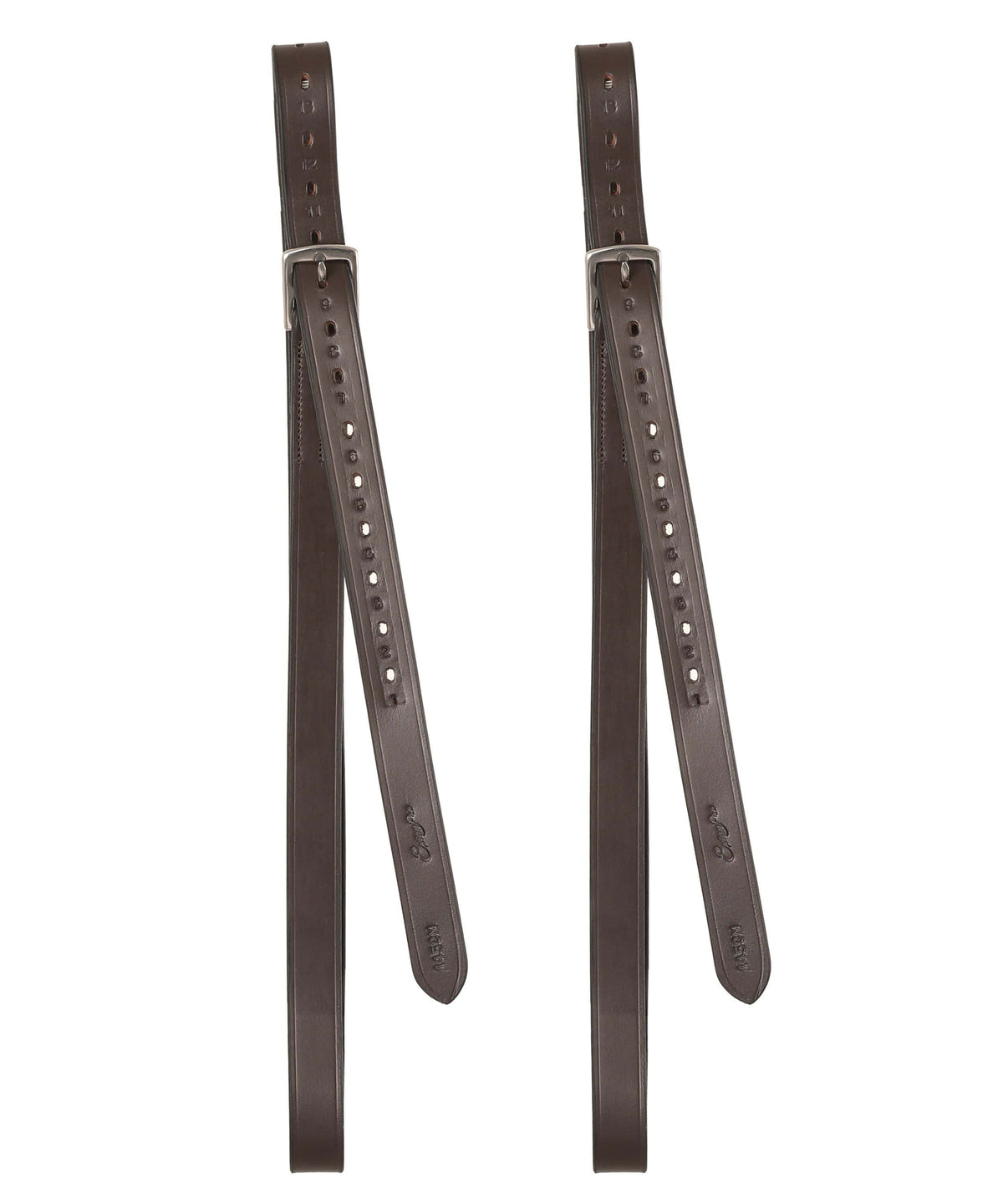 Pair of dark brown stirrup leathers hanging full length, showing the punched holes