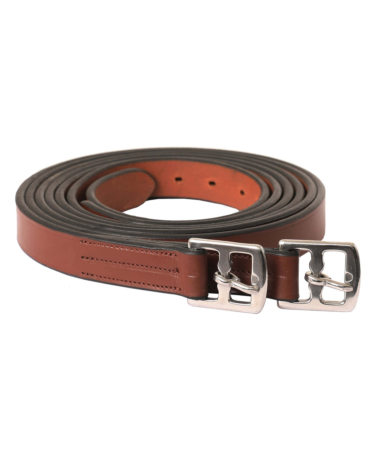 Pair of reddish brown stirrup leathers coiled with silver buckles, on white
