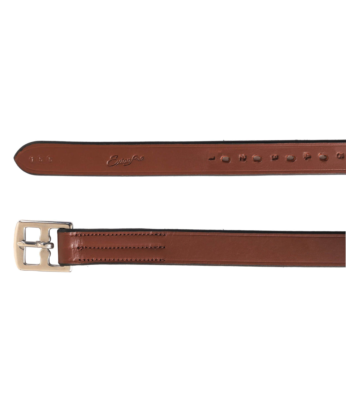 Close-up of the reddish brown strap tip and the stitched buckle end