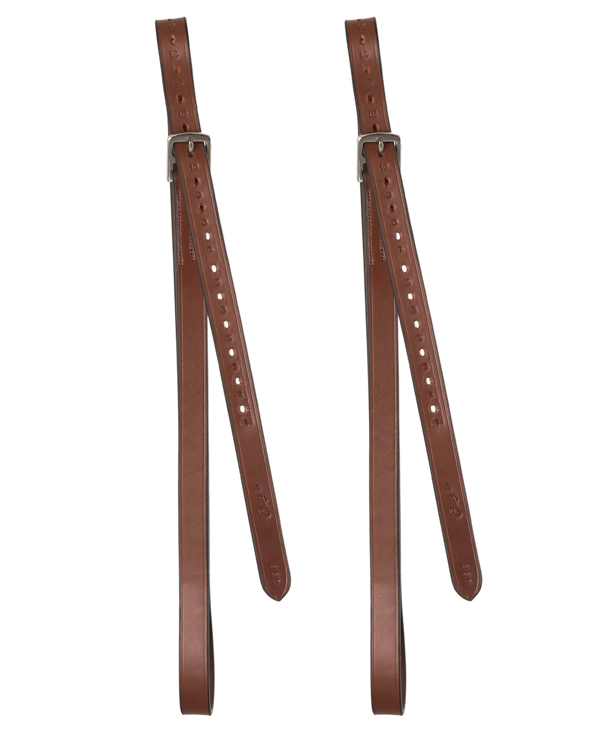 Pair of reddish brown stirrup leathers hanging full length, showing the punched holes