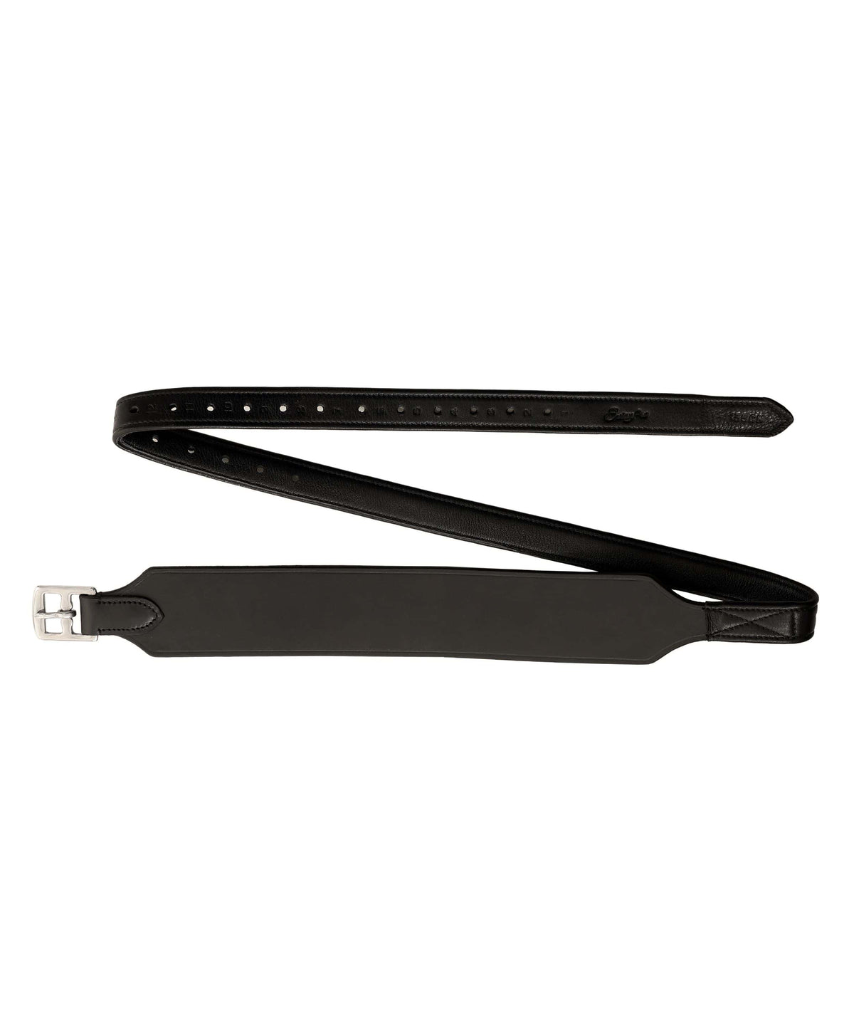Black wide stirrup leather with a broad flat lower section and a steel buckle, laid out on white