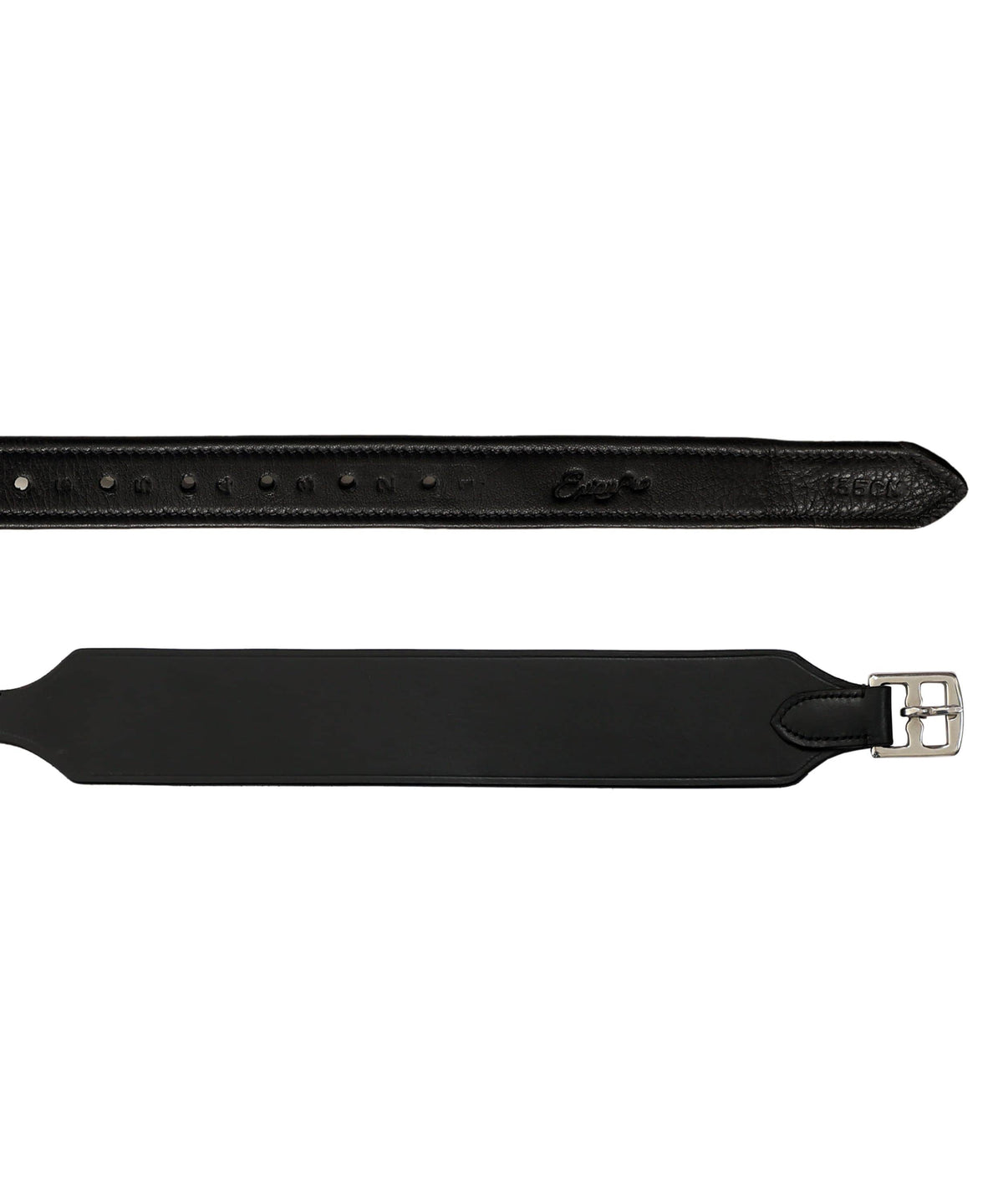 Black stirrup leather close view showing the punched holes, tapered tip and buckle end