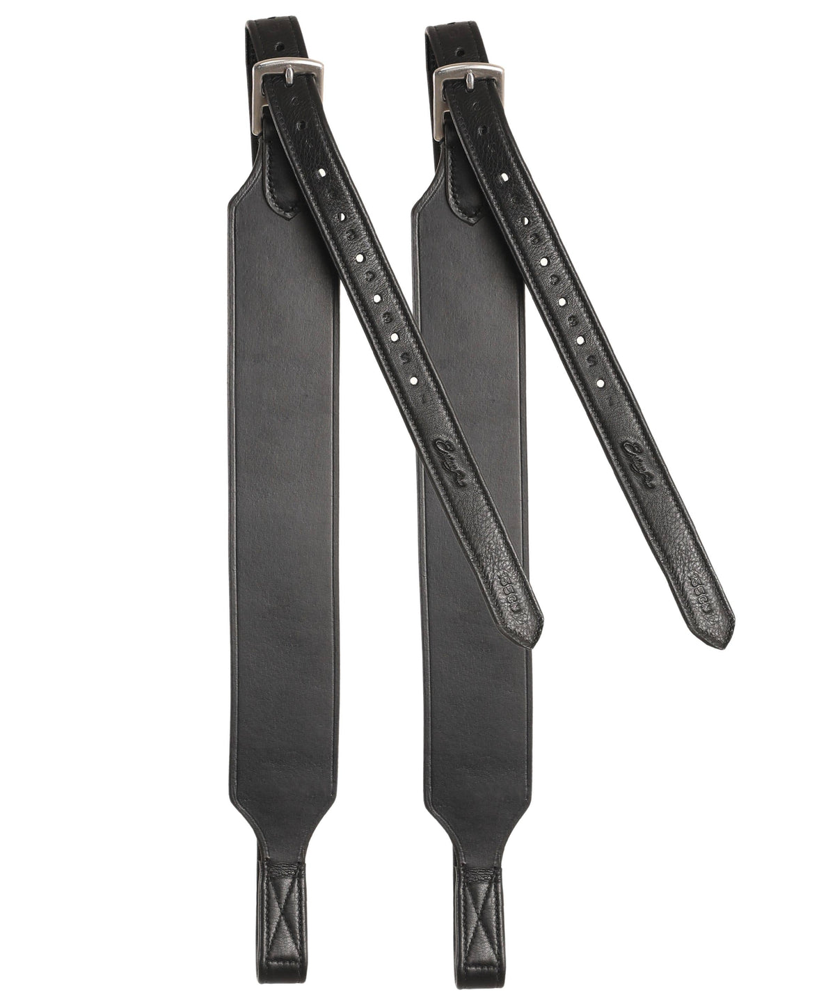 Pair of black wide stirrup leathers hanging from their buckles, with stitched loop ends