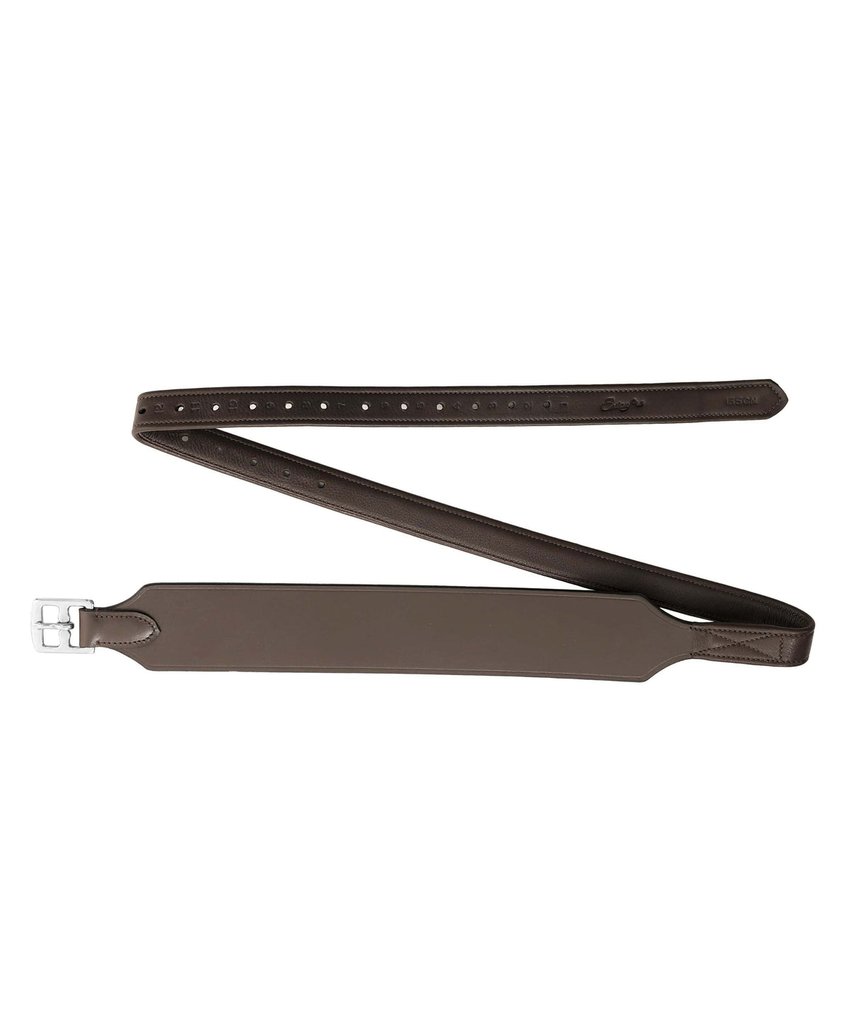 Havana dark brown wide stirrup leather with a steel buckle, laid out on white