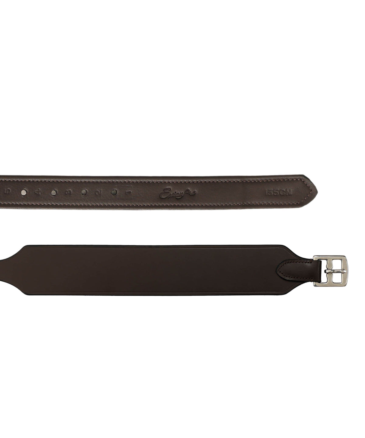 Havana dark brown stirrup leather close view showing the holes, tapered tip and buckle end