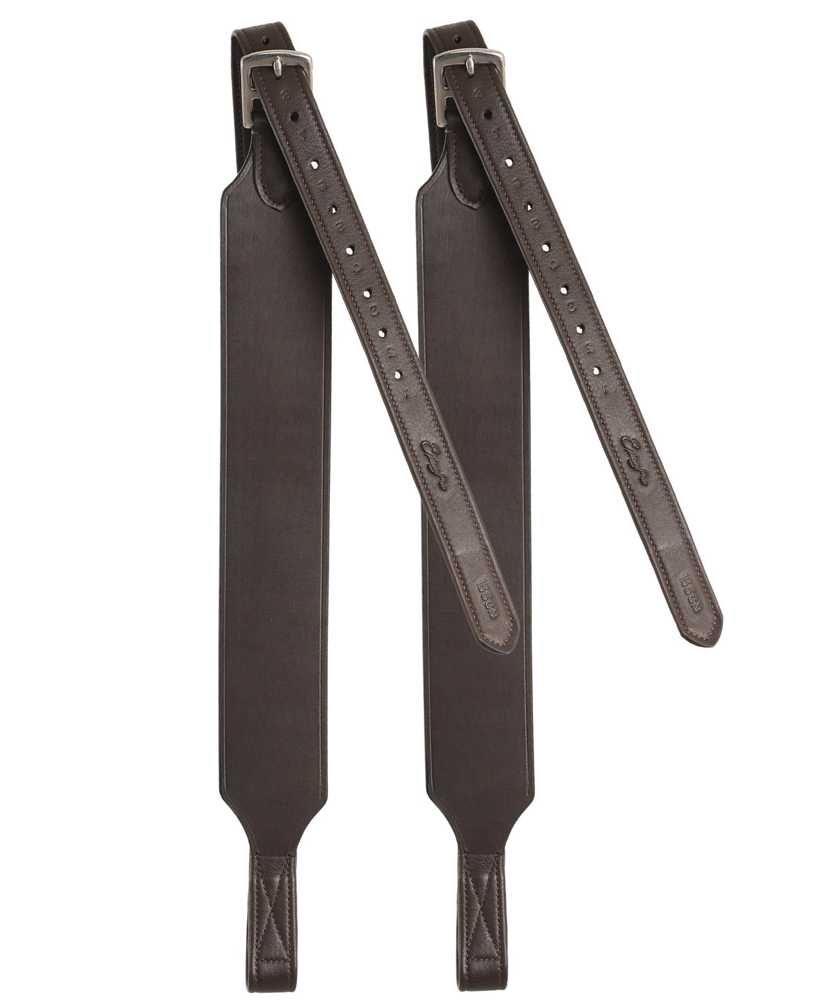 Pair of Havana dark brown wide stirrup leathers hanging from their buckles