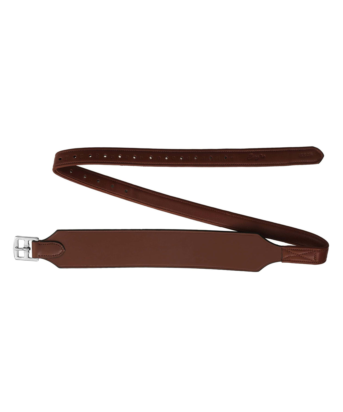 Oak reddish brown wide stirrup leather with a steel buckle, laid out on white
