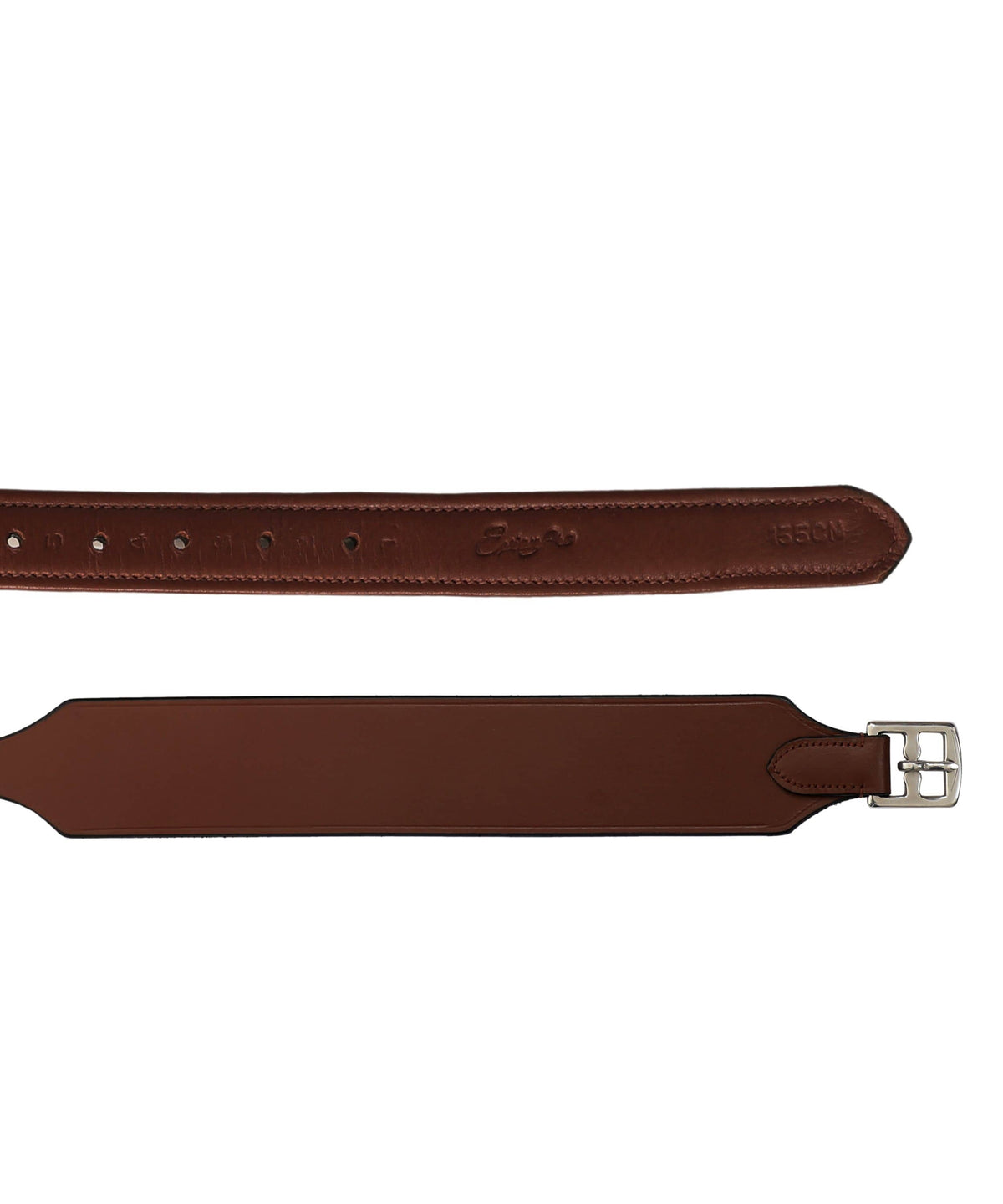 Oak reddish brown stirrup leather close view showing the holes, tapered tip and buckle end
