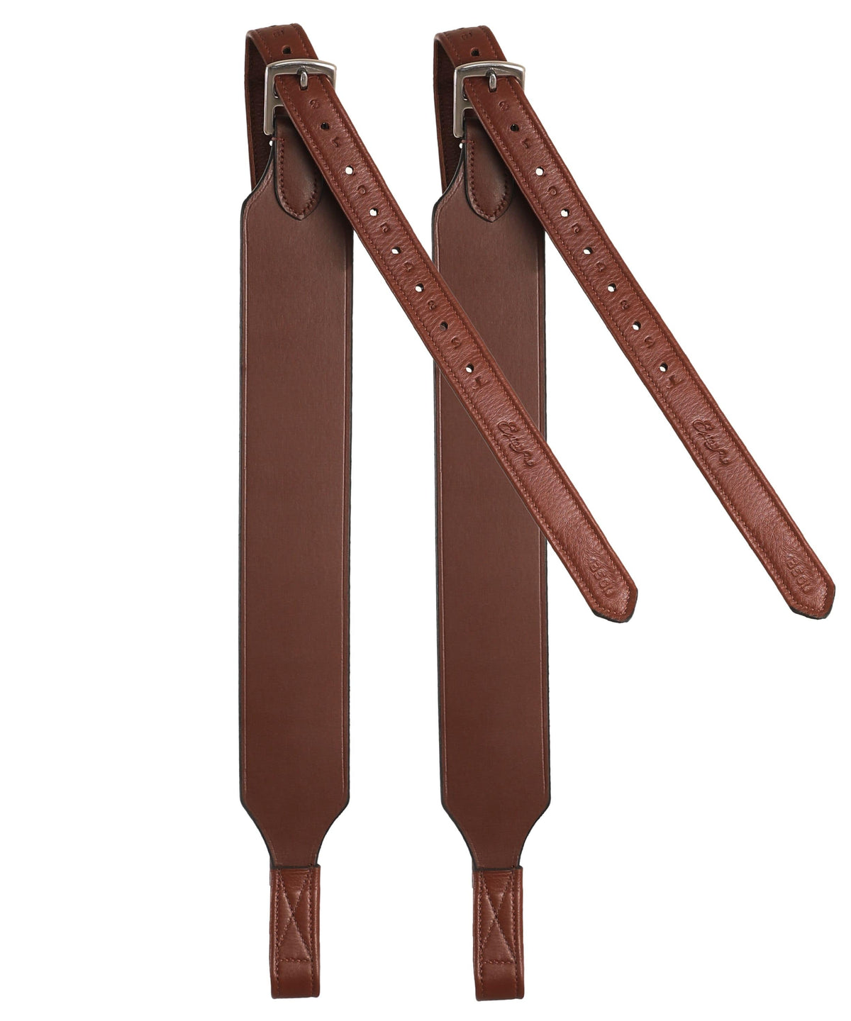 Pair of Oak reddish brown wide stirrup leathers hanging from their buckles