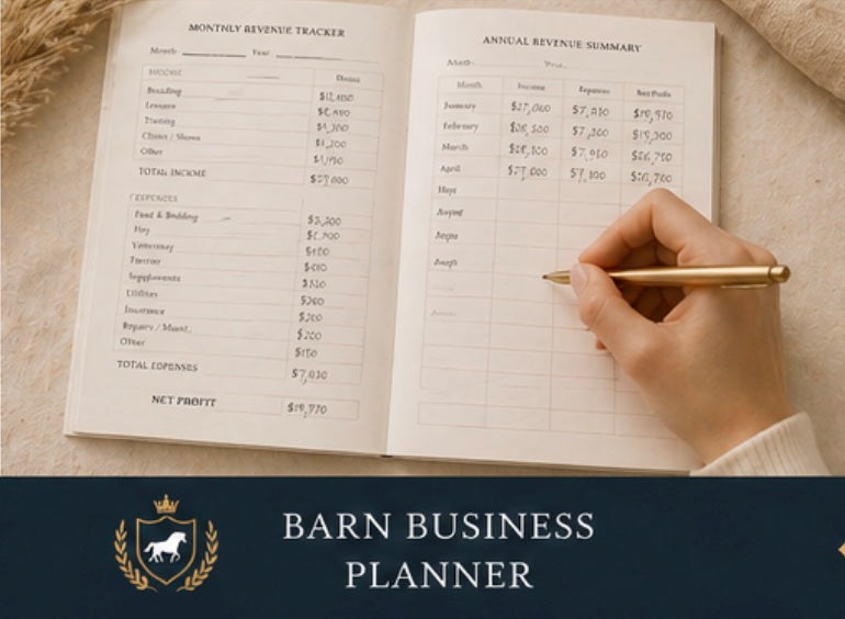 Open equestrian planner showing sections for client records, lesson schedules, and income tracking