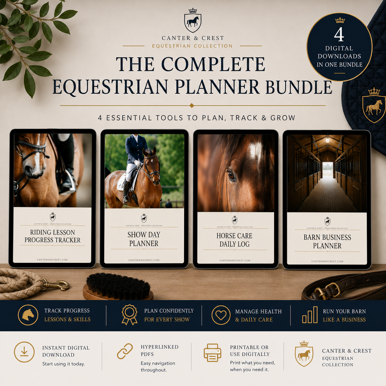 Equestrian planner bundle with horse images and text on a wooden surface.