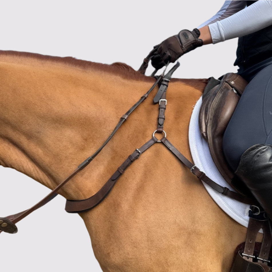 Brown breastplate on a chestnut horse, side view with the rider's hand at the neck strap and a white pad