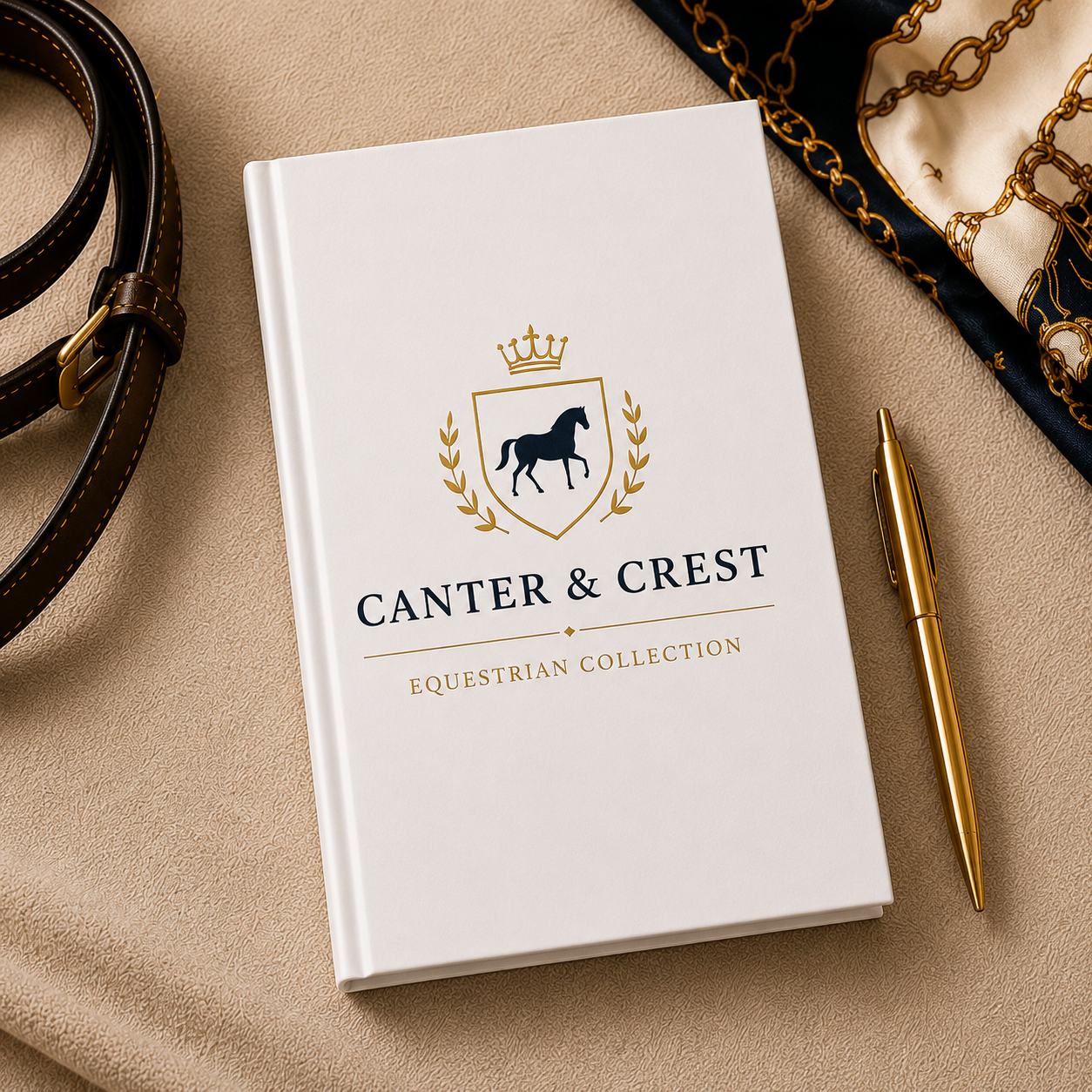 White book titled 'Canter & Crest' with equestrian design on a beige surface with accessories.
