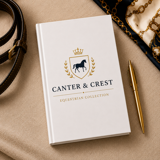 White book titled 'Canter & Crest' with equestrian design on a beige surface with accessories.