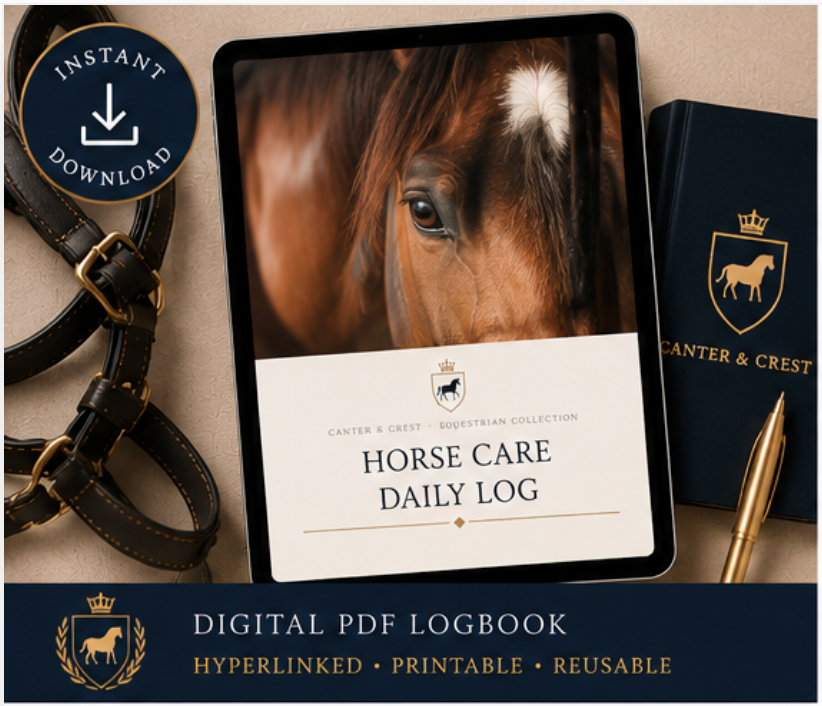 Digital PDF logbook for horse care daily log displayed on a tablet with equestrian-themed accessories.