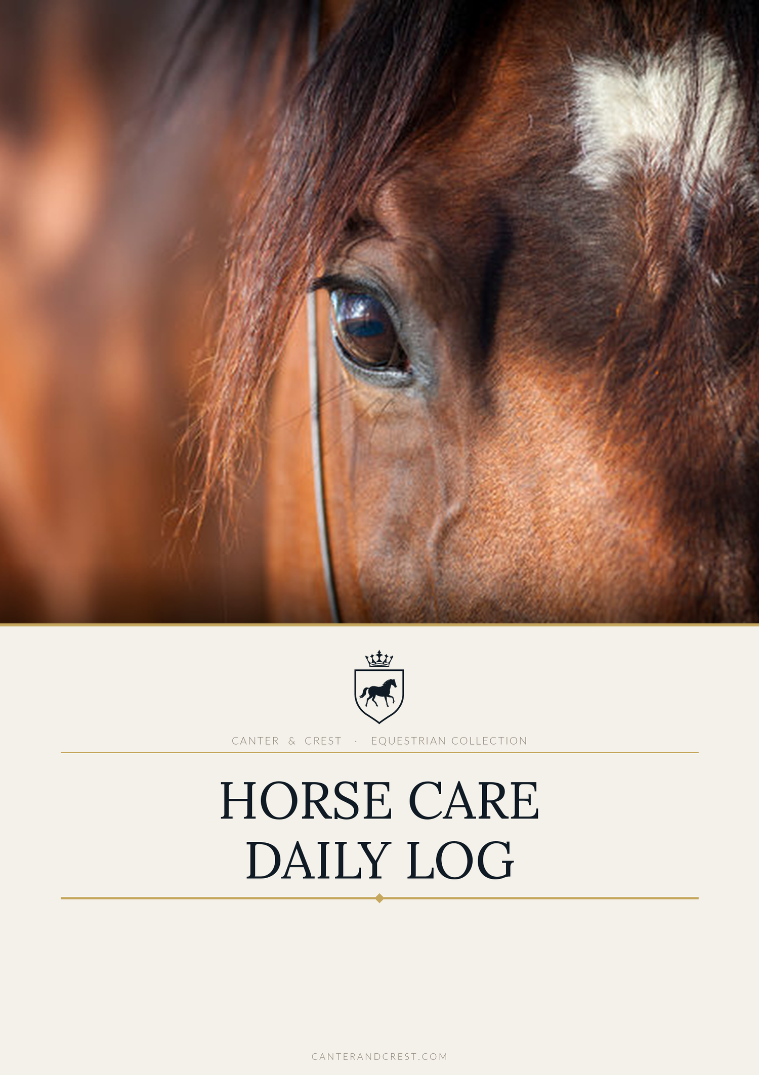 Elegant horse care daily log by Canter & Crest styled with grooming tools and equestrian essentials