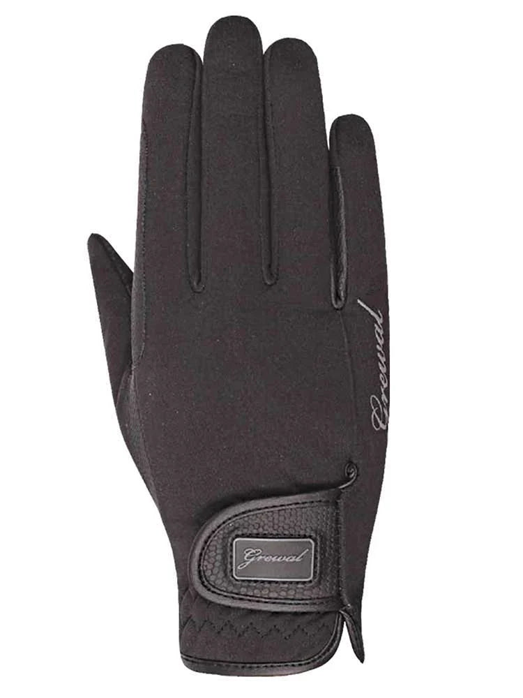 Back of a black riding glove with a hook and loop wrist strap and silver script logo