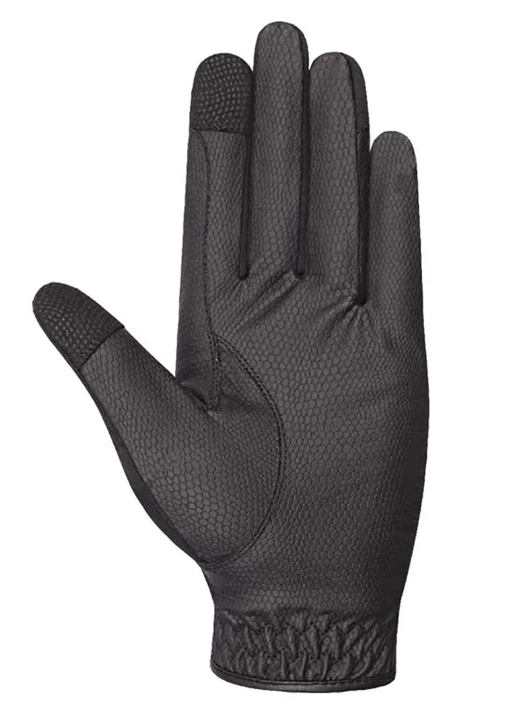Palm of a black riding glove showing the textured grip surface