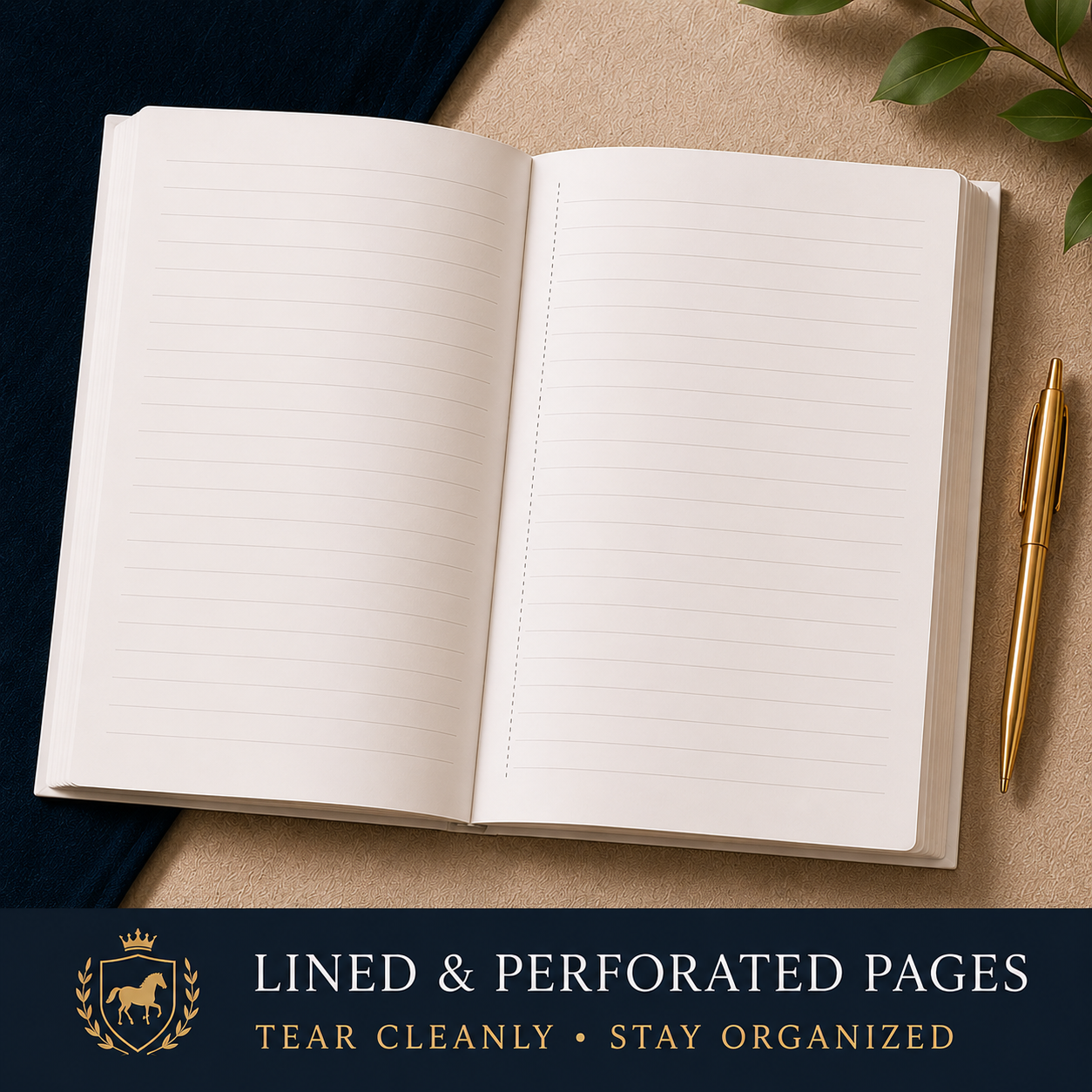 Open notebook with lined pages and a gold pen on a textured surface.
