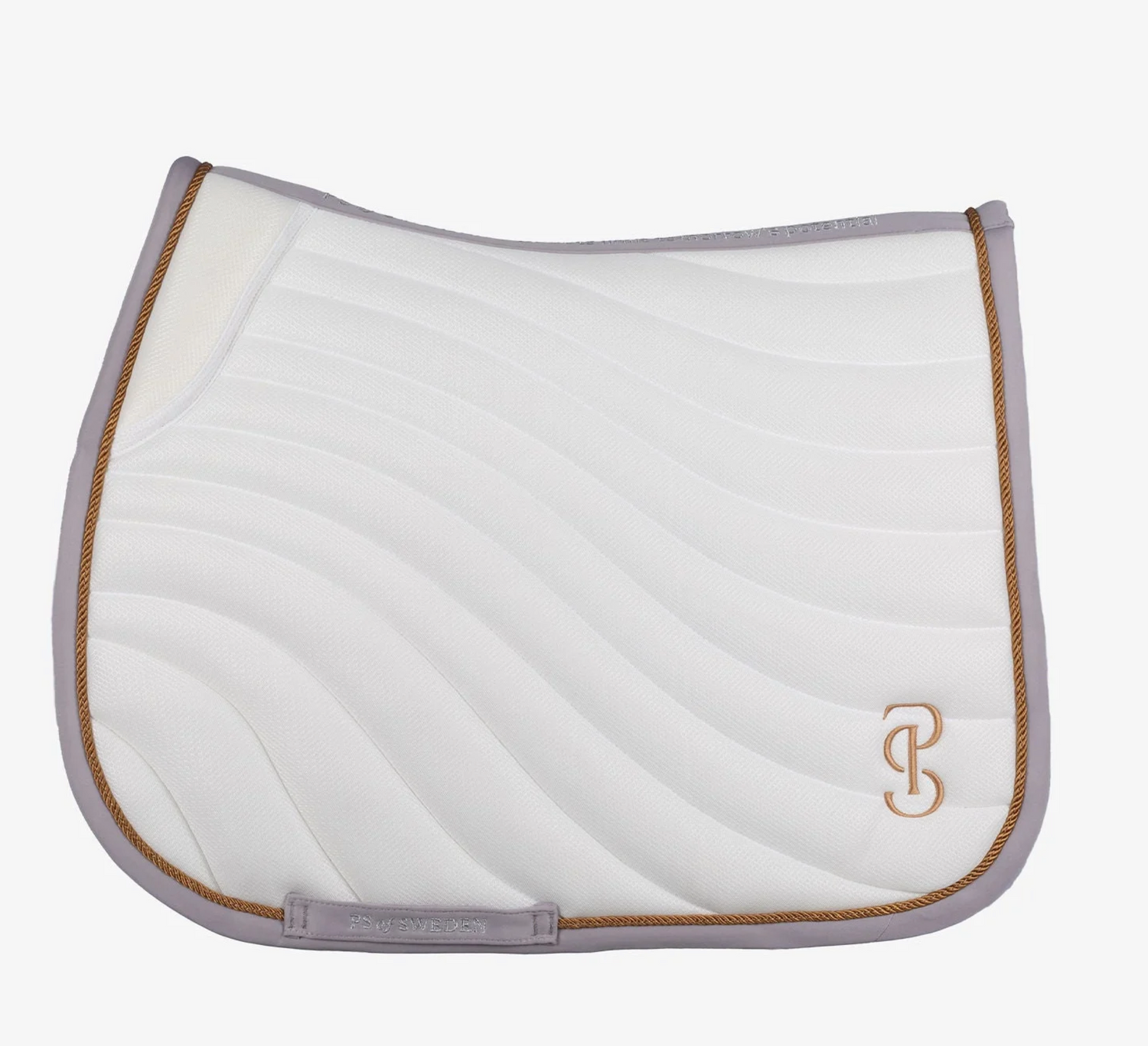 PS of Sweden Airflow Mesh Jump Saddle Pad in white shown on a saddle, displaying the mesh panel, anatomical wither relief, and stop-cushion detail