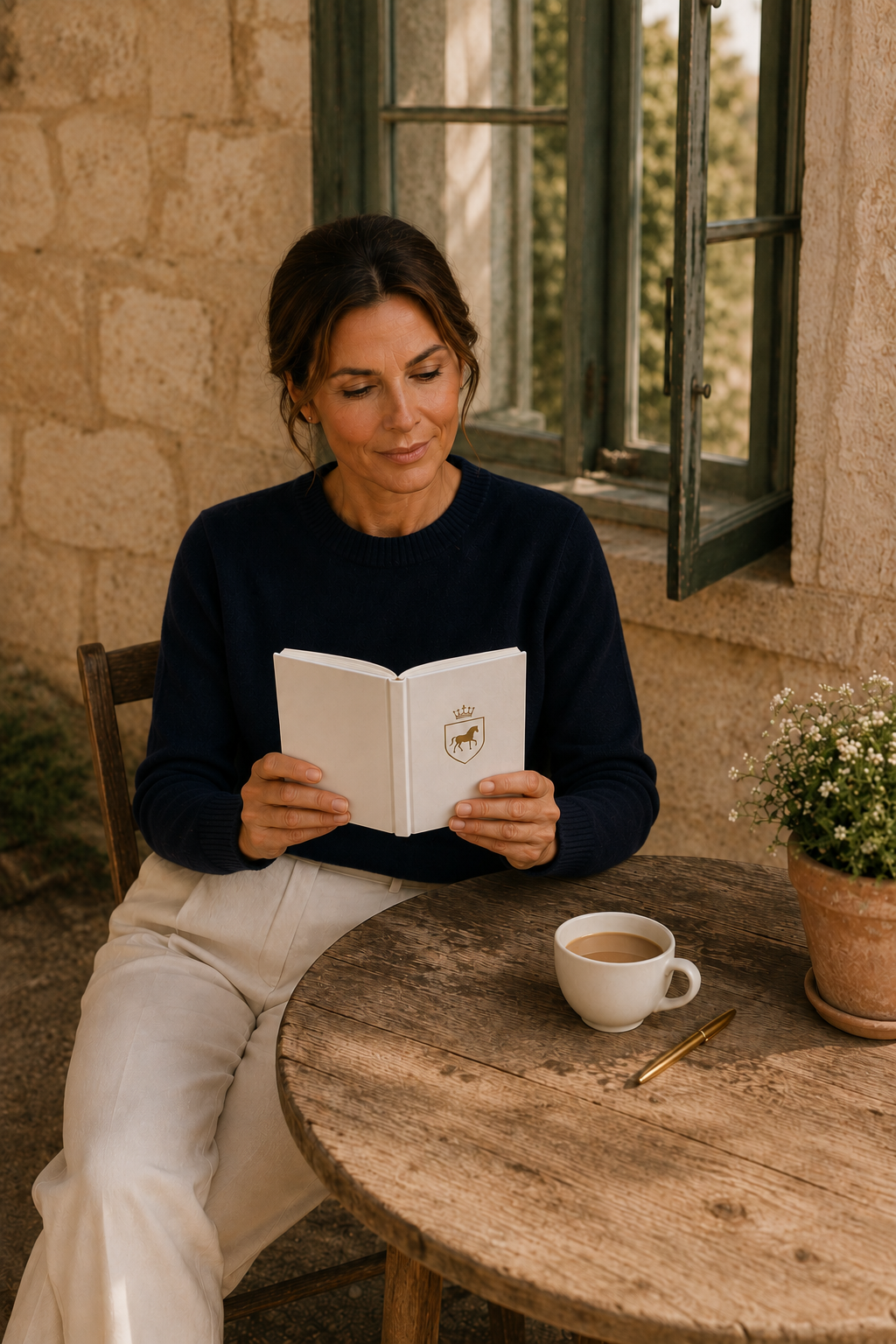 Woman reading the white crest journal at a wooden cafe table with a cup of coffee