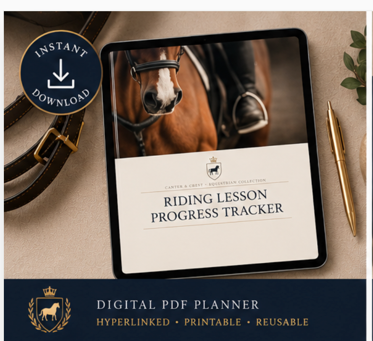 Digital PDF planner for riding lesson progress tracker on a tablet with equestrian-themed design.