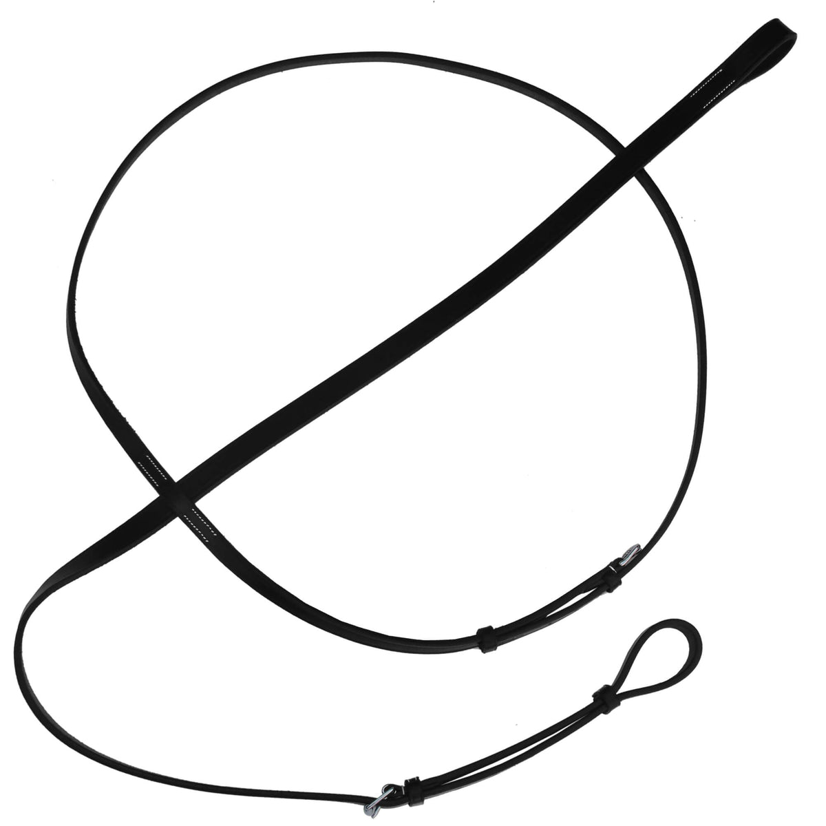 Black leather standing martingale with silver fittings, laid in a loop on white