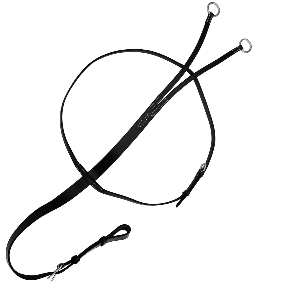 Black running martingale with a neck strap, two steel rings and a buckle girth loop, laid out on white
