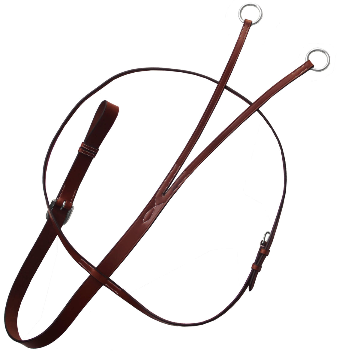 Reddish brown running martingale with a neck strap, keeper and two steel rings, laid out on white