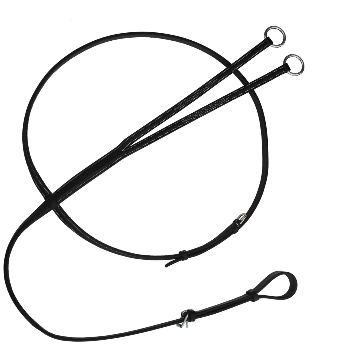 Black running martingale with steel rings, neck strap and girth loop, coiled on white