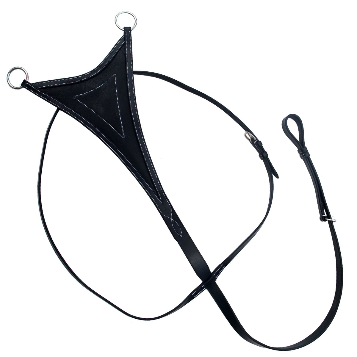 Black leather bib martingale with a white stitched bib, neck strap and buckle loop, on white
