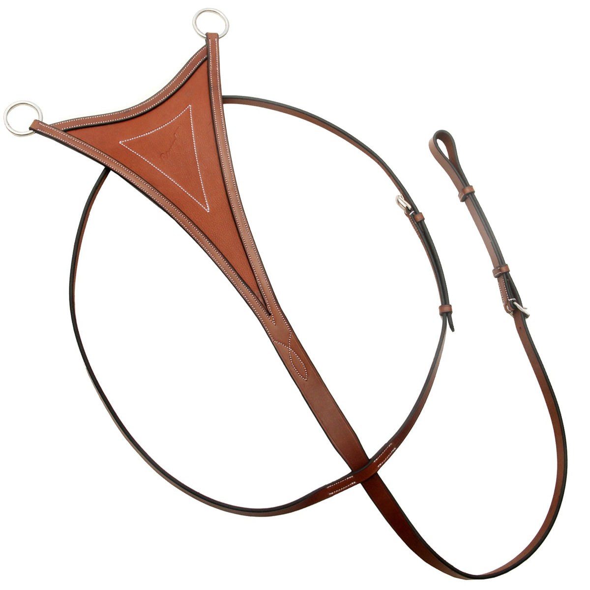 Tan brown leather bib running martingale with a stitched triangular bib, laid out on white