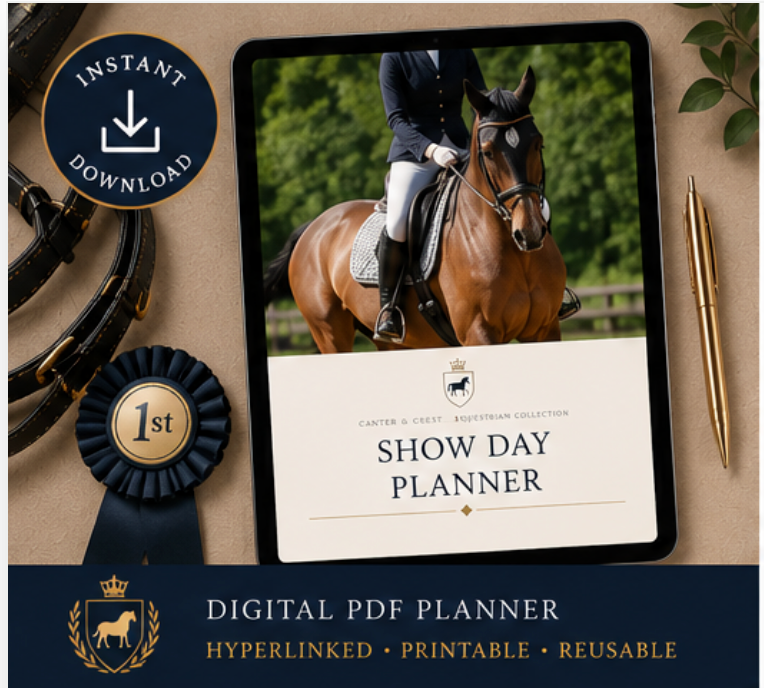 Digital planner for equestrian shows on a tablet with a horse and rider image, accompanied by a 1st place ribbon and pen.
