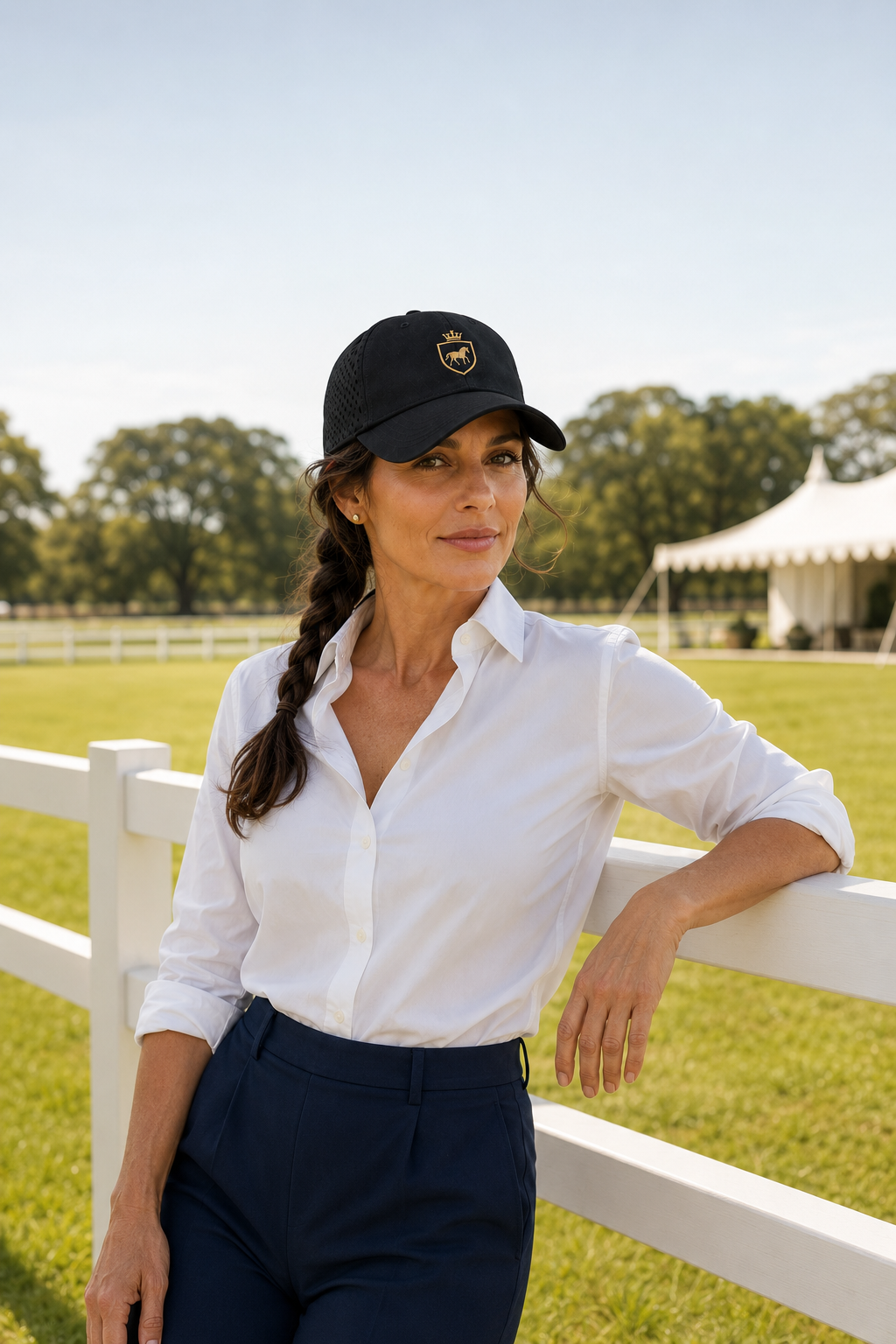Woman wearing the Canter & Crest Signature Crest Perforated Cap in Black at a white show fence, gold embroidered Signature crest on the front panel