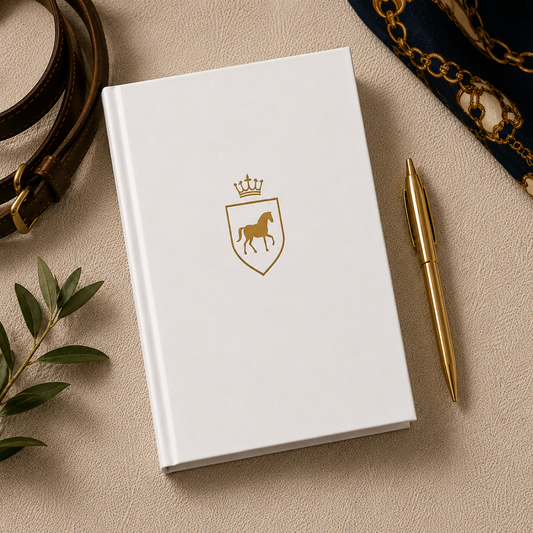 White notebook with a gold emblem featuring a horse, placed on a beige surface with a pen and decorative elements.