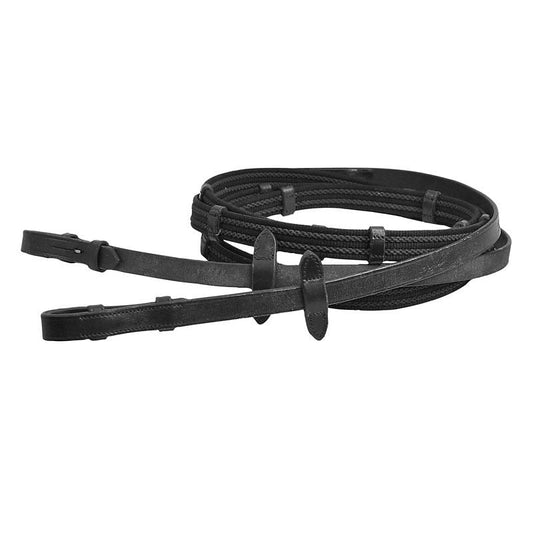 Black reins with a textured web grip section and leather hand stops, coiled on white