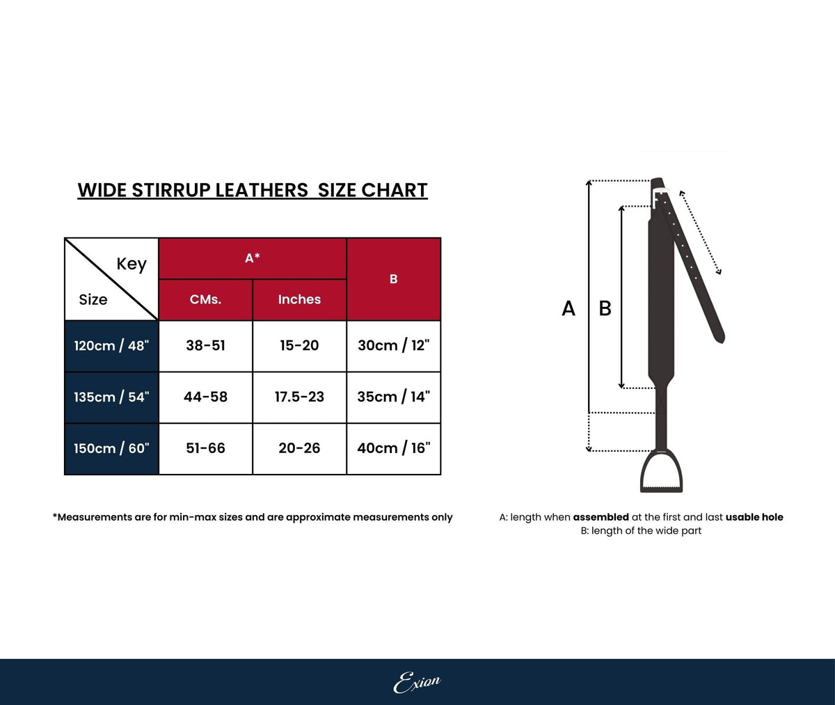 Size chart for the wide stirrup leathers