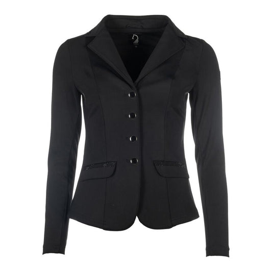 Black fitted competition jacket with four buttons and flap pockets, front view on white